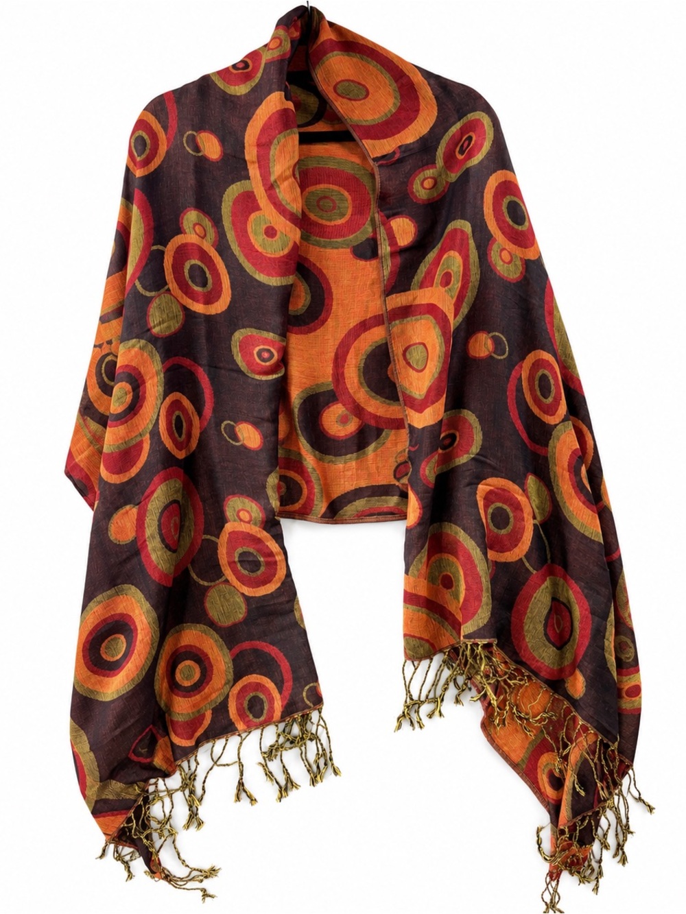 55% Pashmina 45% Silk Abstract Circle Print Shawl Wrap Fringe